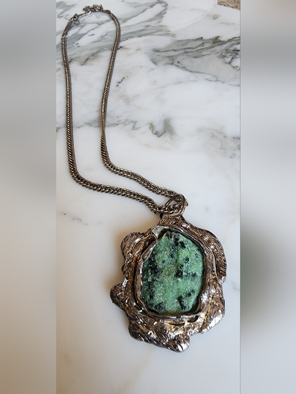 Vintage Dansk Smykkekunst D.S. Denmark Brutalist Green Stone Necklace - Picture 11 of 14